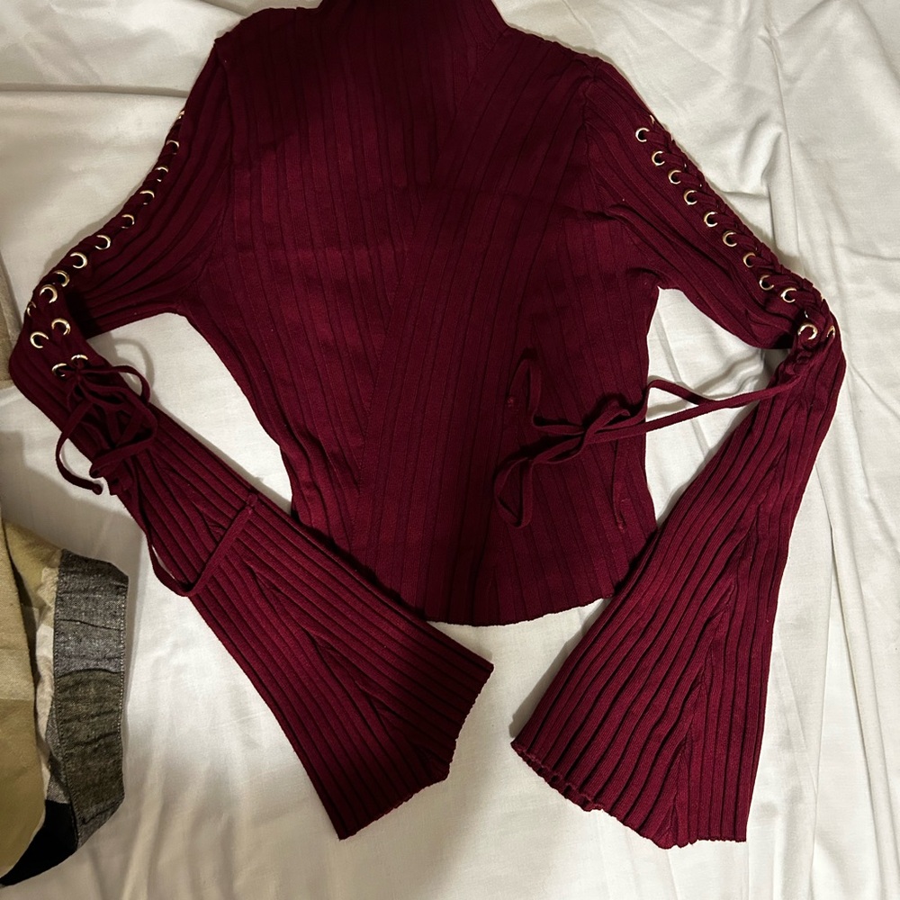 Burgundy Lace-Up Sleeve Sweater